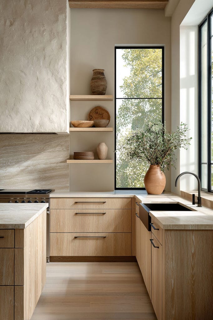 warm wood kitchen cabinets with open shelving plaster walls and natural stone countertops in organic modern kitchen