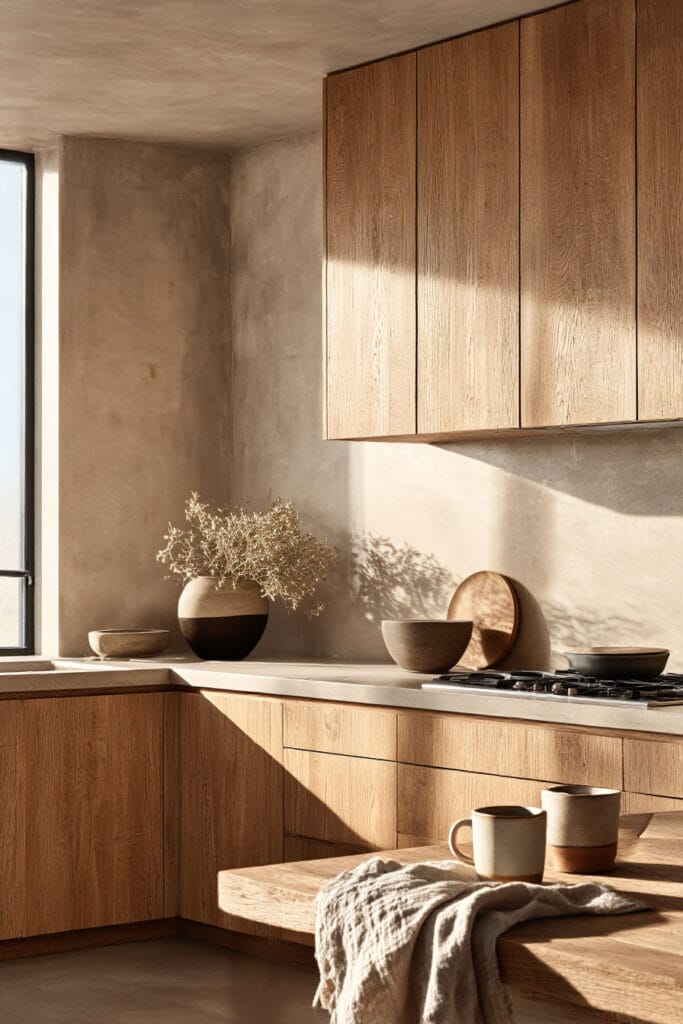 warm wood kitchen cabinets with plaster walls and neutral decor in organic modern kitchen design